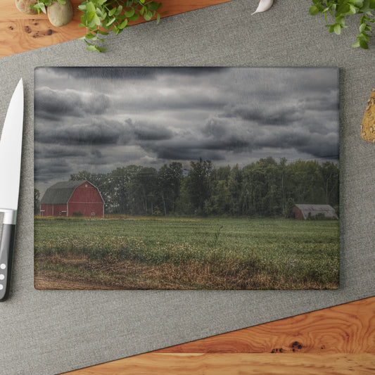 U R There Photography Weyer Road Red and Quonset Rustic Farmhouse Tempered-Glass Cutting Board