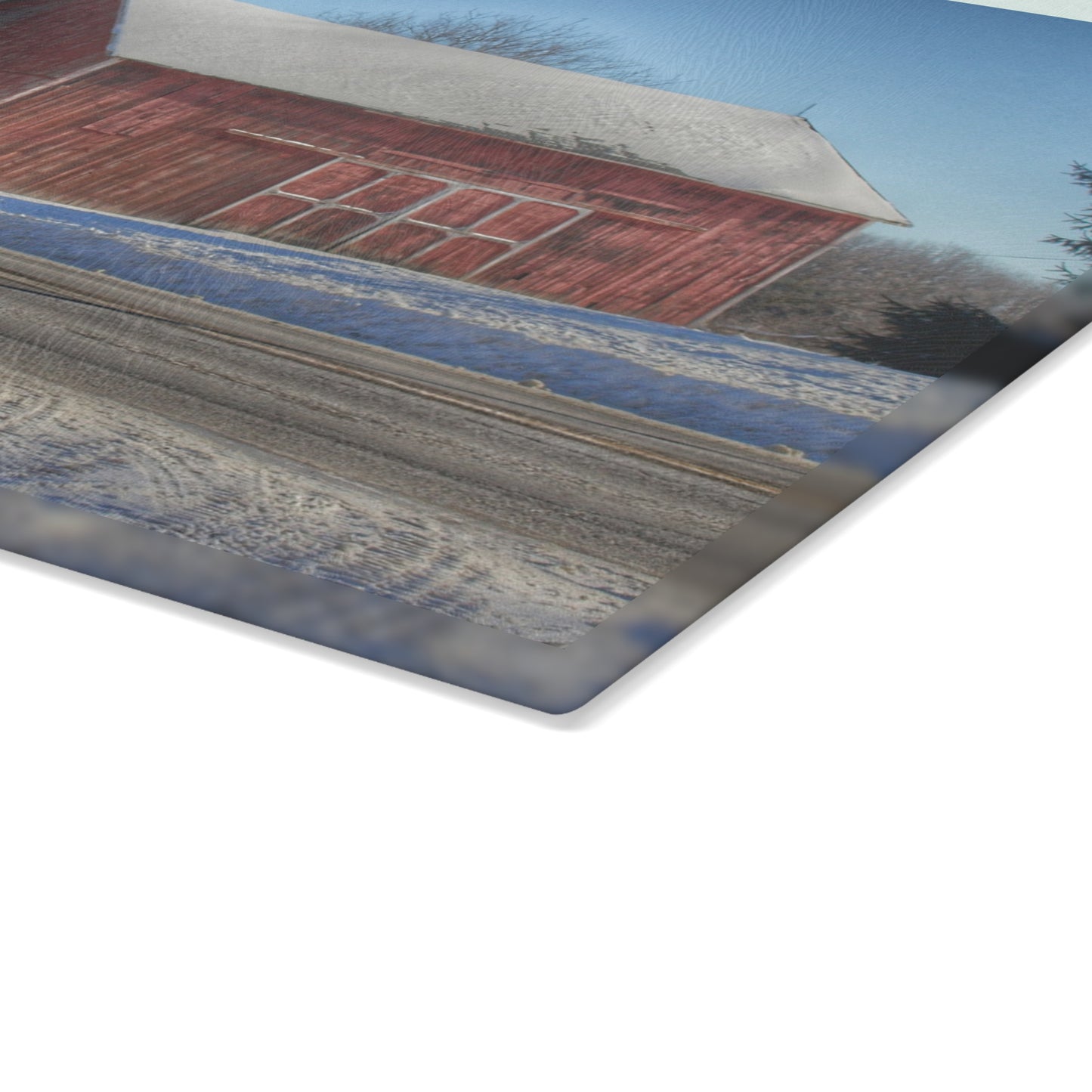 U R There Photography Metamora Red in Winter Rustic Farmhouse Tempered-Glass Cutting Board