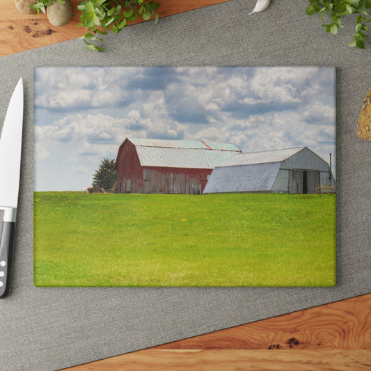 U R There Photography Henderson Hilltop Red Rustic Farmhouse Tempered-Glass Cutting Board