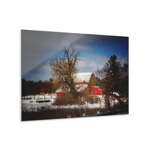 U R There Photography Hadley Road Hidden Red in Winter Rustic Farmhouse Acrylic Wall Print