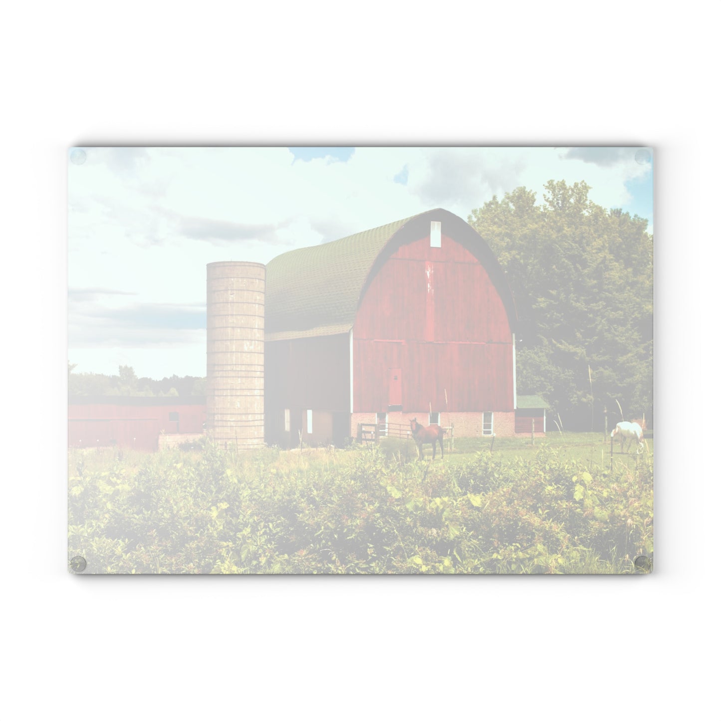 Barn Boutique Rustic Tempered-Glass Cutting Board| Elmwood Road Red Barn and Horses