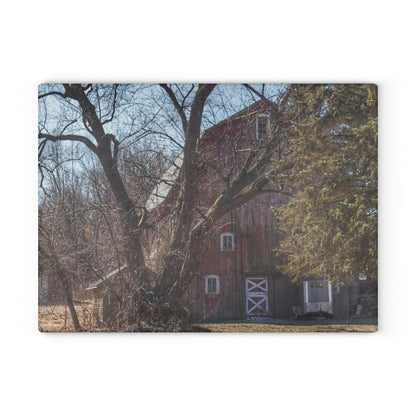 U R There Photography Lakeville Road Hidden Red Rustic Farmhouse Tempered-Glass Cutting Board