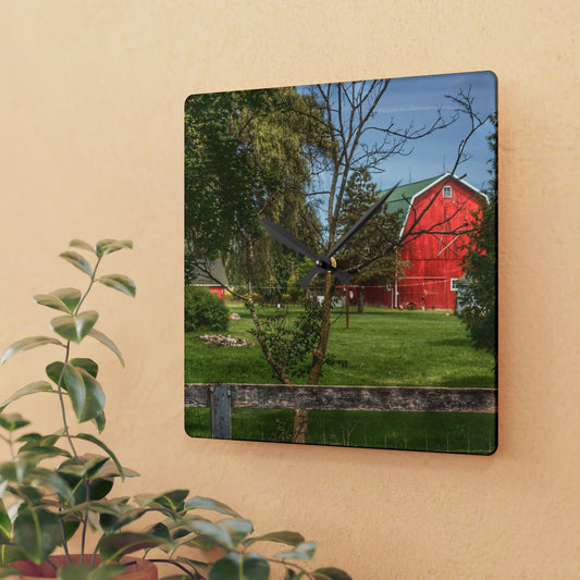 U R There Photography Roadside Red Beyond the Fence Rustic Farmhouse Acrylic Analog Wall Clock