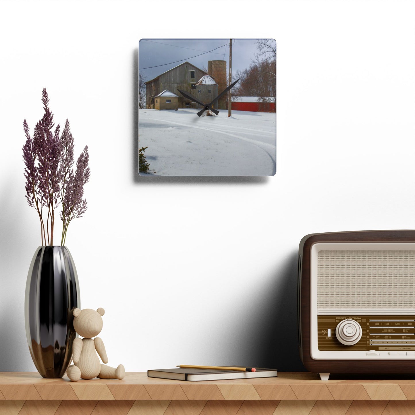 U R There Photography Hilltop Grey and Silo Rustic Farmhouse Acrylic Analog Wall Clock