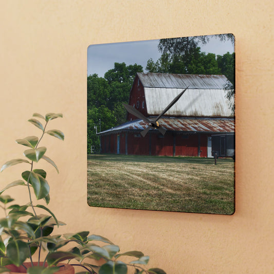 U R There Photography West Hurd Road Red Rustic Farmhouse Acrylic Analog Wall Clock