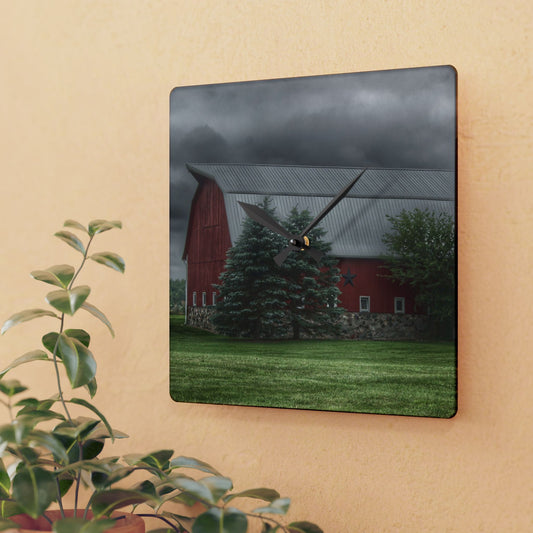 U R There Photography Clifford Road Red and Silo I Rustic Farmhouse Acrylic Analog Wall Clock