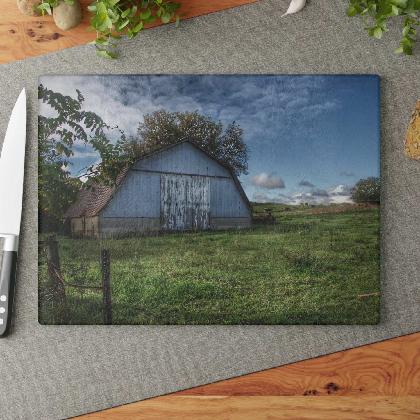 U R There Photography East Frances Quonset and Cows Rustic Farmhouse Tempered-Glass Cutting Board
