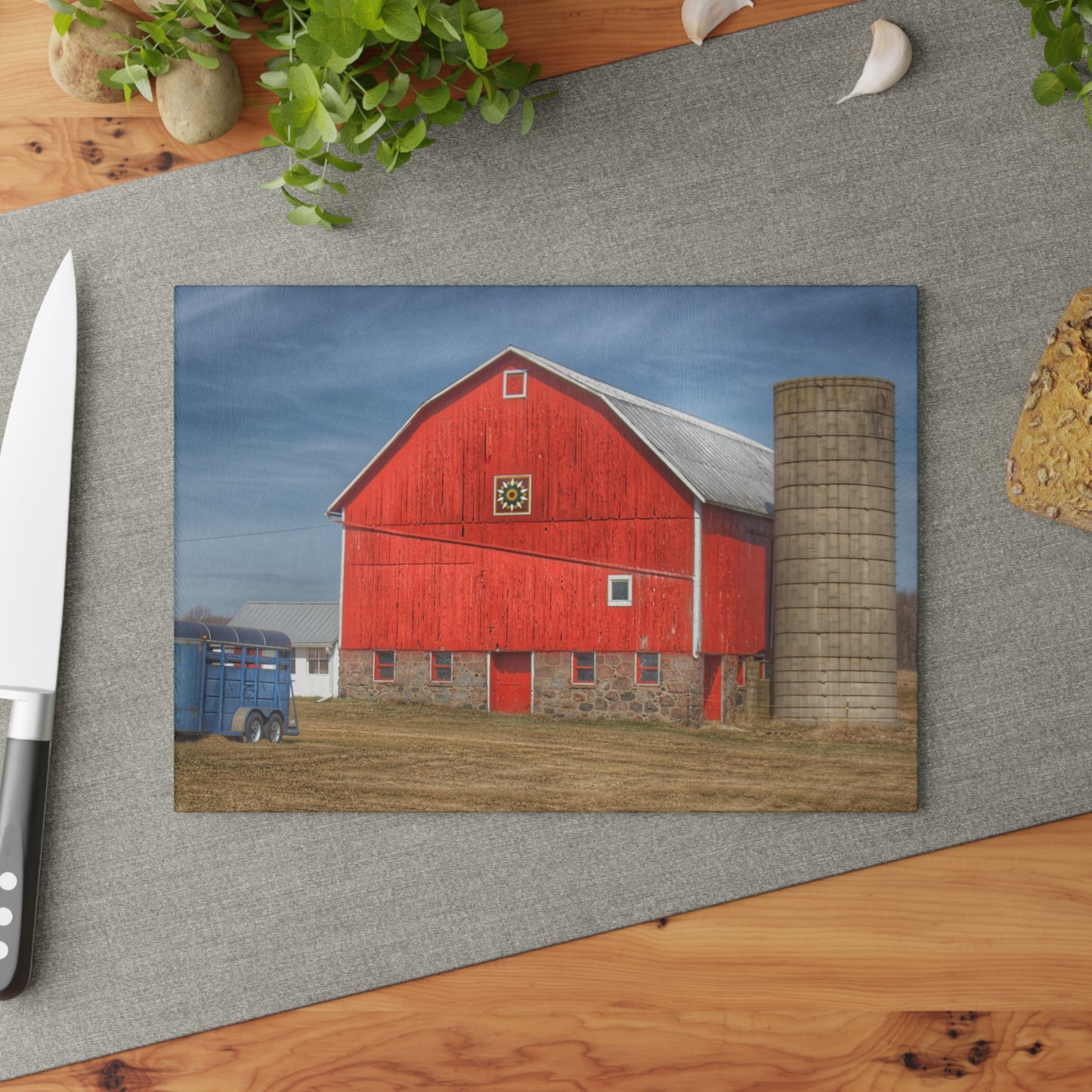 U R There Photography West Brown Road Quilted Red Rustic Farmhouse Tempered-Glass Cutting Board