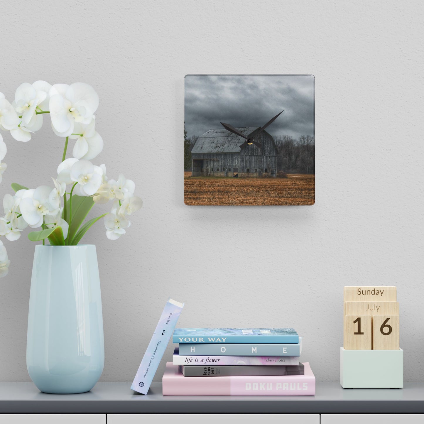U R There Photography Grey Barn and Tree Rustic Farmhouse Acrylic Analog Wall Clock