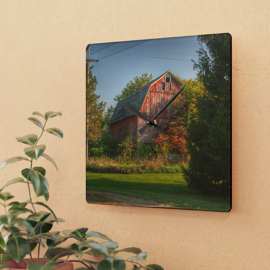 U R There Photography Belle River Red I Rustic Farmhouse Acrylic Analog Wall Clock