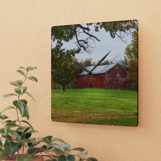 U R There Photography Hill Road Roadside Red Rustic Farmhouse Acrylic Analog Wall Clock