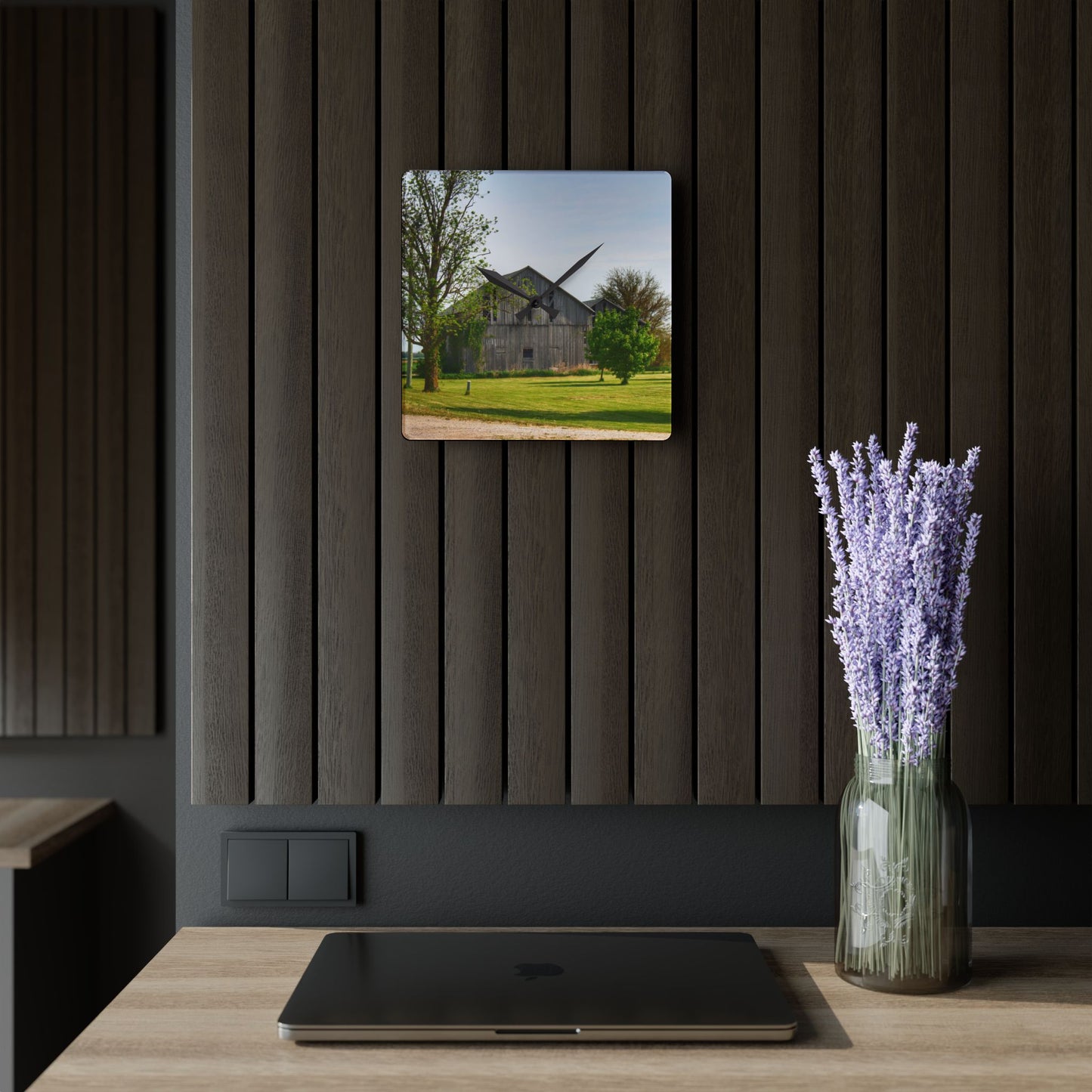 U R There Photography Caro Road Twin Greys II Rustic Farmhouse Acrylic Analog Wall Clock