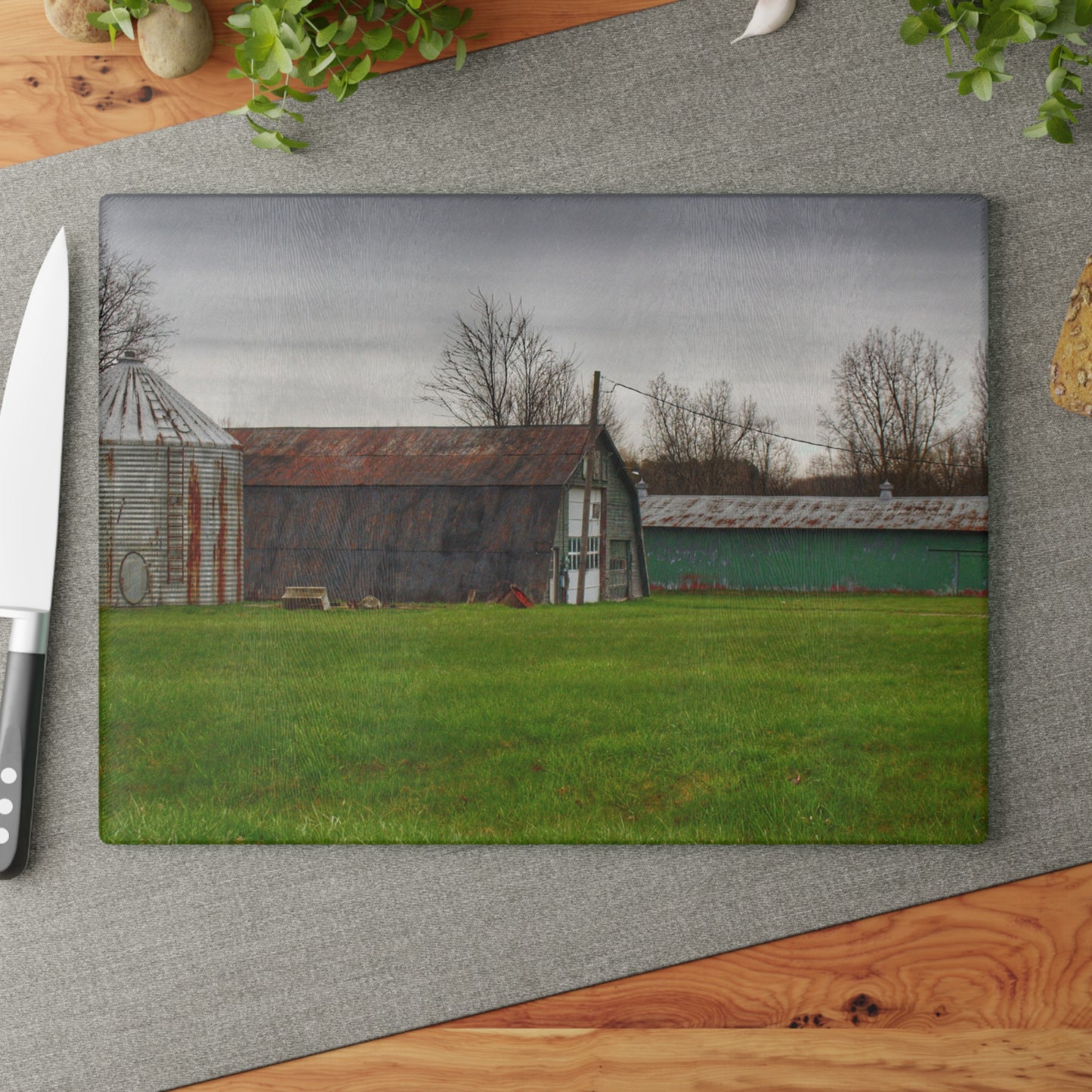 U R There Photography Hough Road Green Quonset IV Rustic Farmhouse Tempered-Glass Cutting Board
