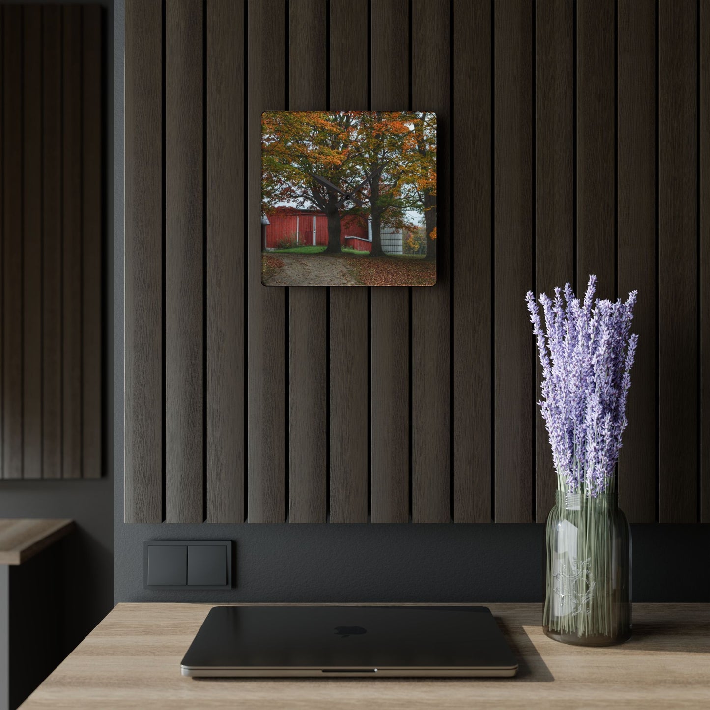 U R There Photography Brown Road Red in the Fall Rustic Farmhouse Acrylic Analog Wall Clock