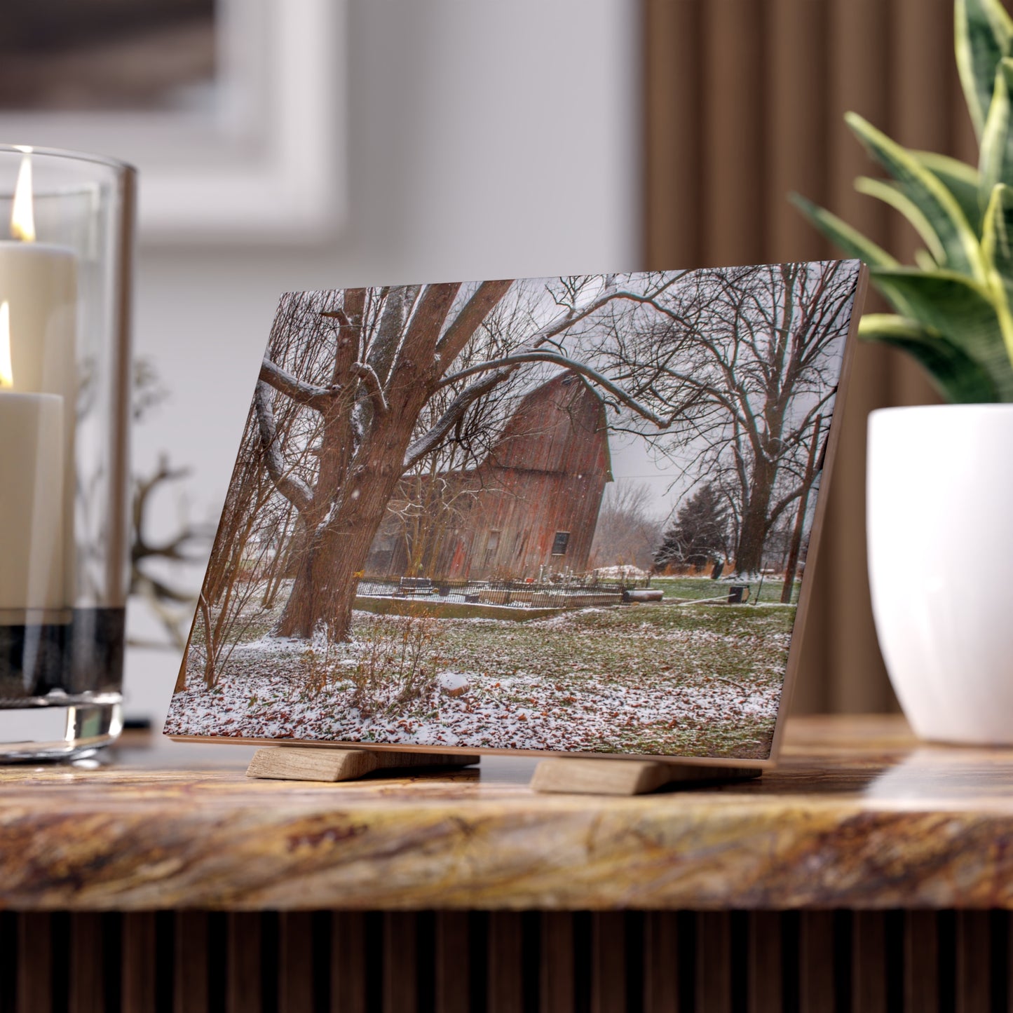 U R There Photography Bishop Road Winter Red Rustic Farmhouse Decorative Ceramic Tile