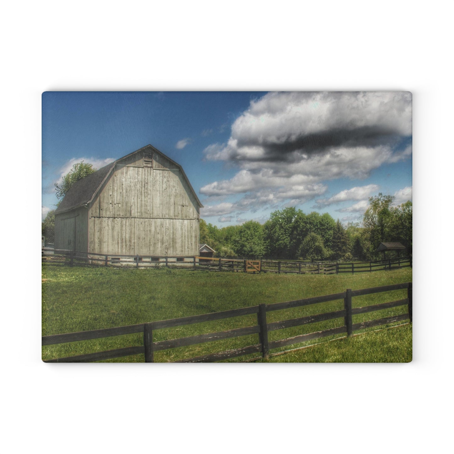 Barn Boutique Rustic Tempered-Glass Cutting Board| White Barn on a Sunny Day