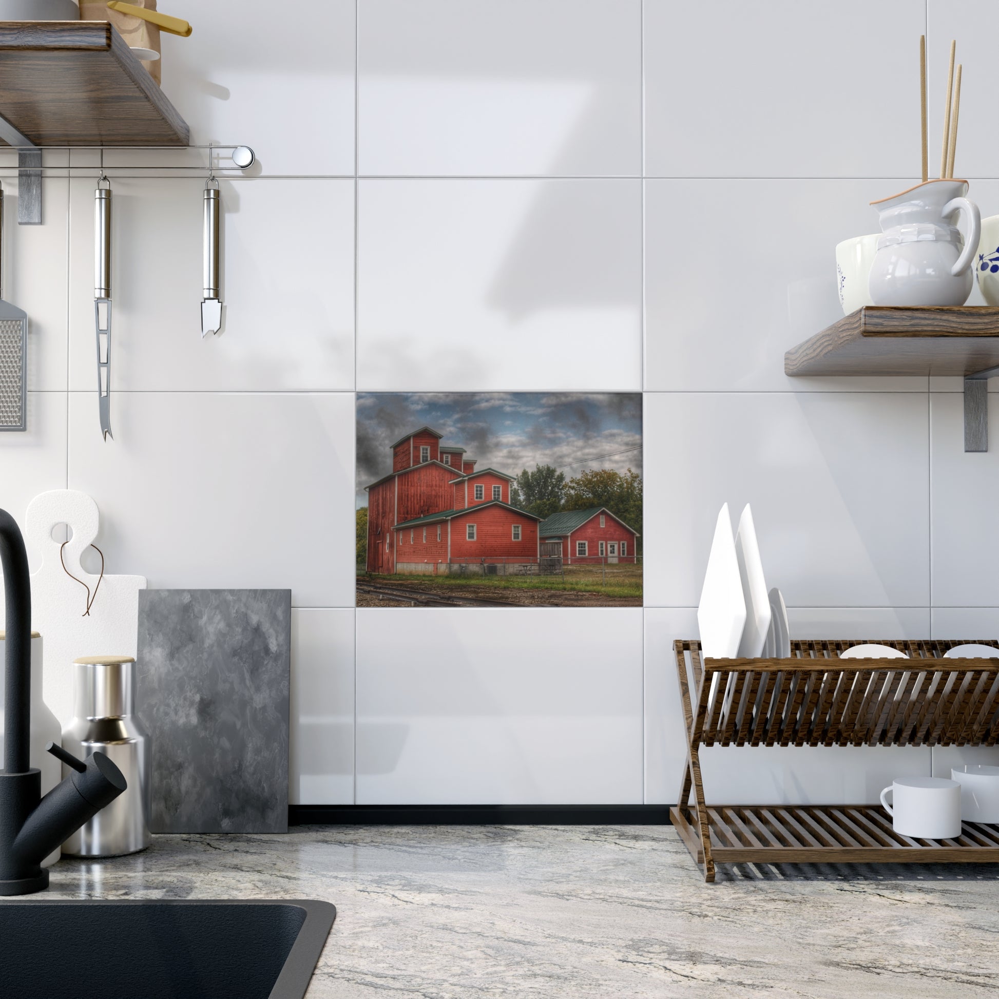 Aside the Tracks in Clifford Rustic Farmhouse Decorative Ceramic Tile