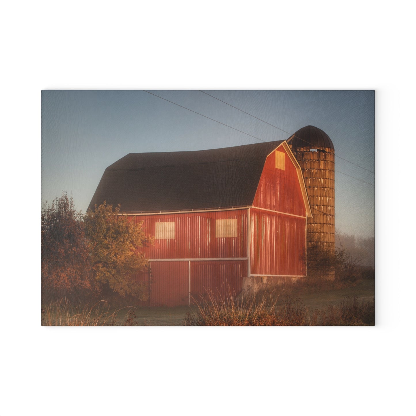 U R There Photography Klam Road Red Meets Foggy Sunrise II Rustic Farmhouse Tempered-Glass Cutting Board