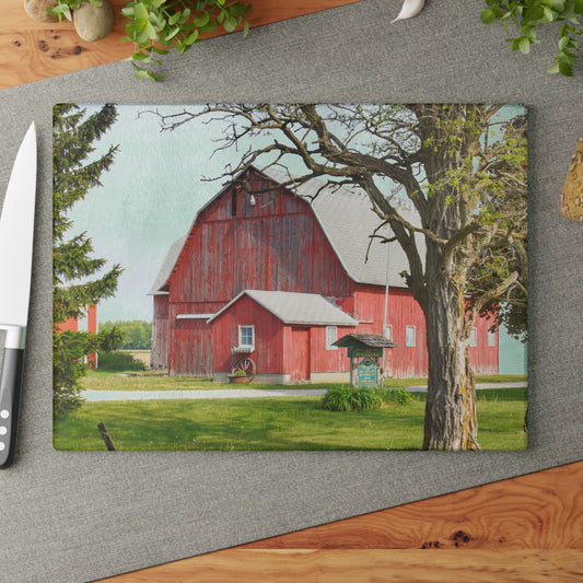 U R There Photography French Road Centennial Reds I Rustic Farmhouse Tempered-Glass Cutting Board