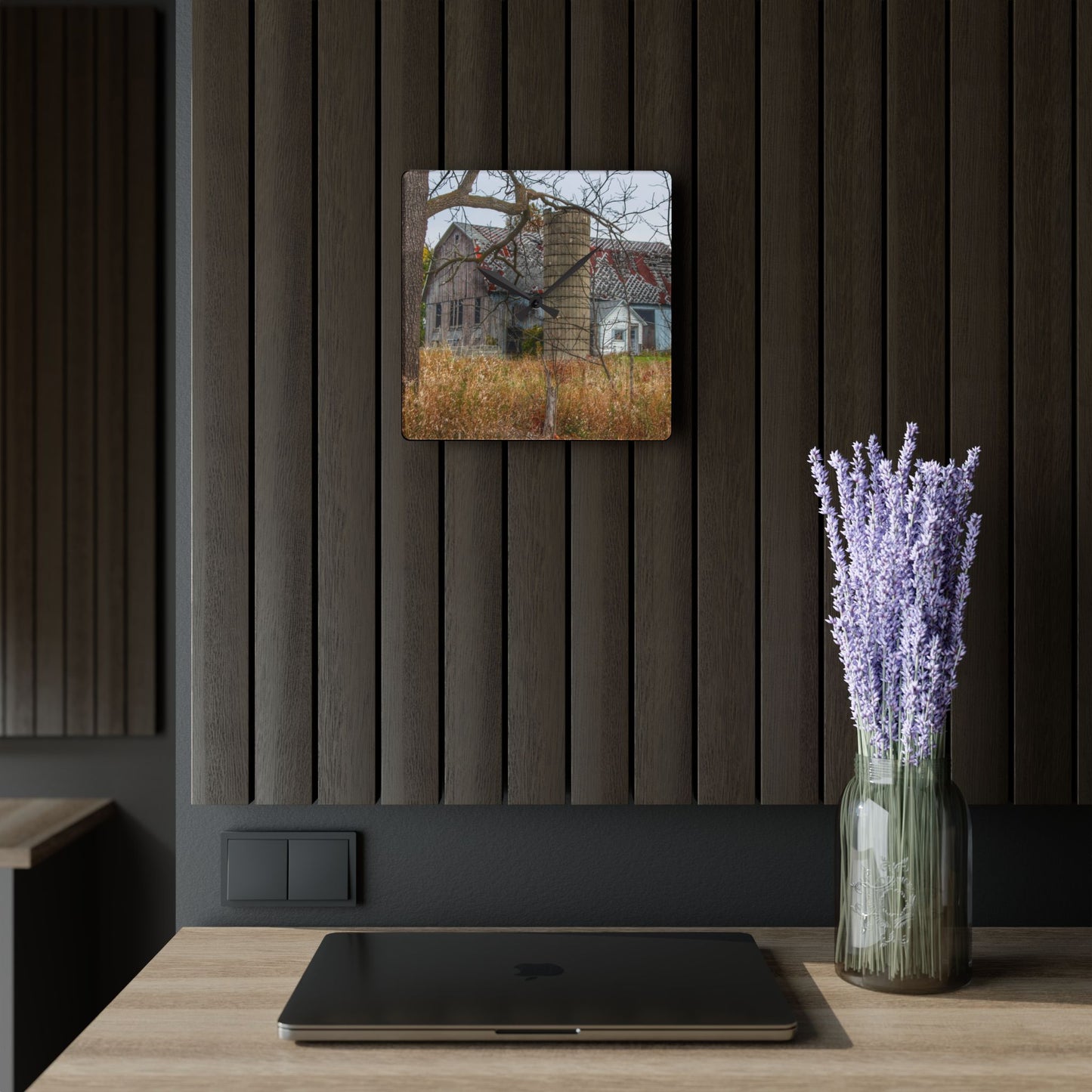 U R There Photography Hill Road Roadside Grey I Rustic Farmhouse Acrylic Analog Wall Clock