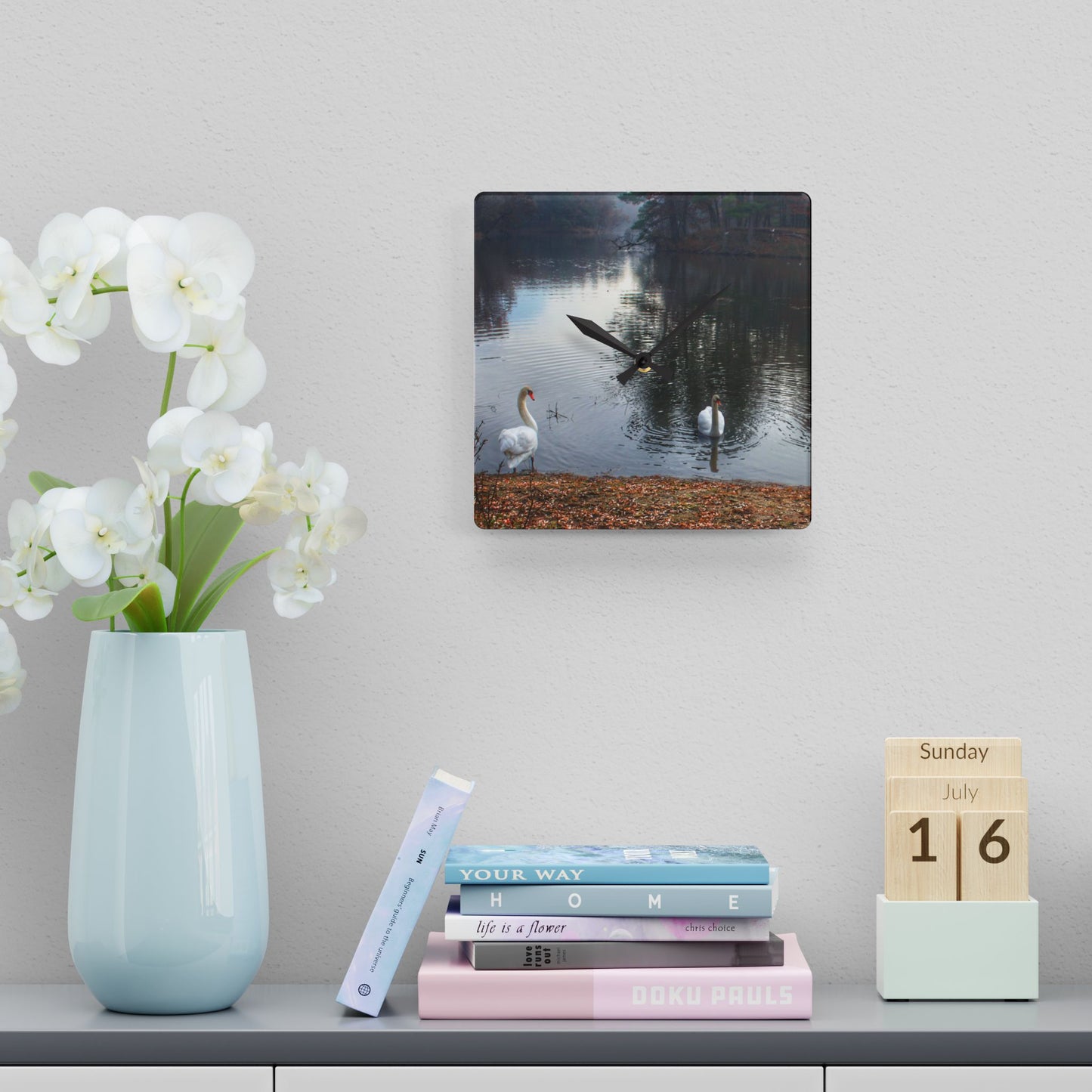 U R There Photography Swans of Duck Lake I Rustic Farmhouse Acrylic Analog Wall Clock
