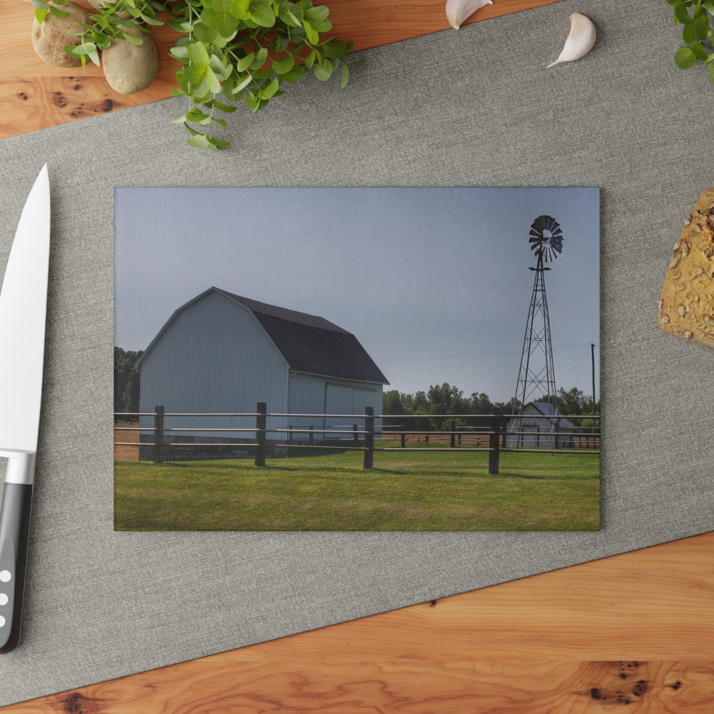 U R There Photography M-90 White and Windmill II Rustic Farmhouse Tempered-Glass Cutting Board