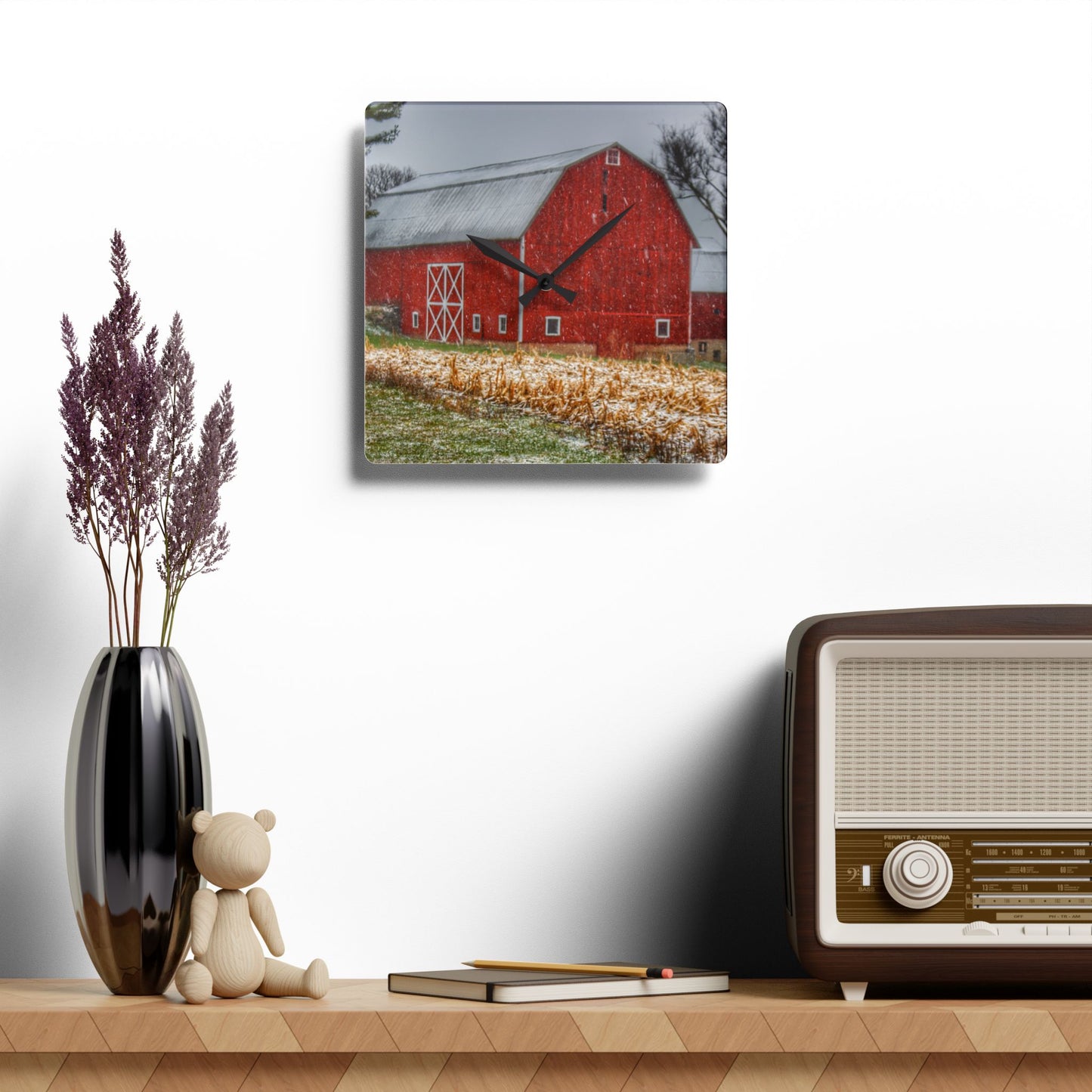 U R There Photography Shoemaker Road Winter Reds I Rustic Farmhouse Acrylic Analog Wall Clock