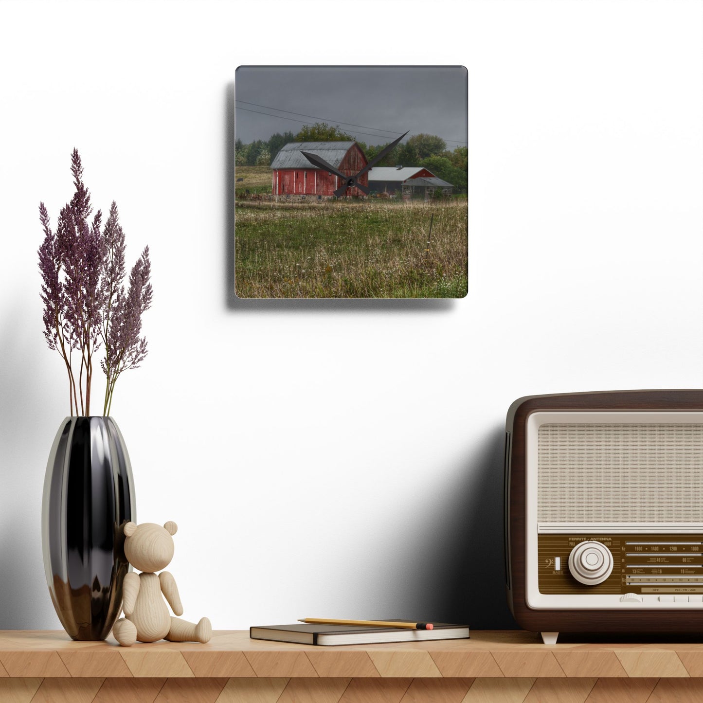 U R There Photography North Lake Road Red I Rustic Farmhouse Acrylic Analog Wall Clock