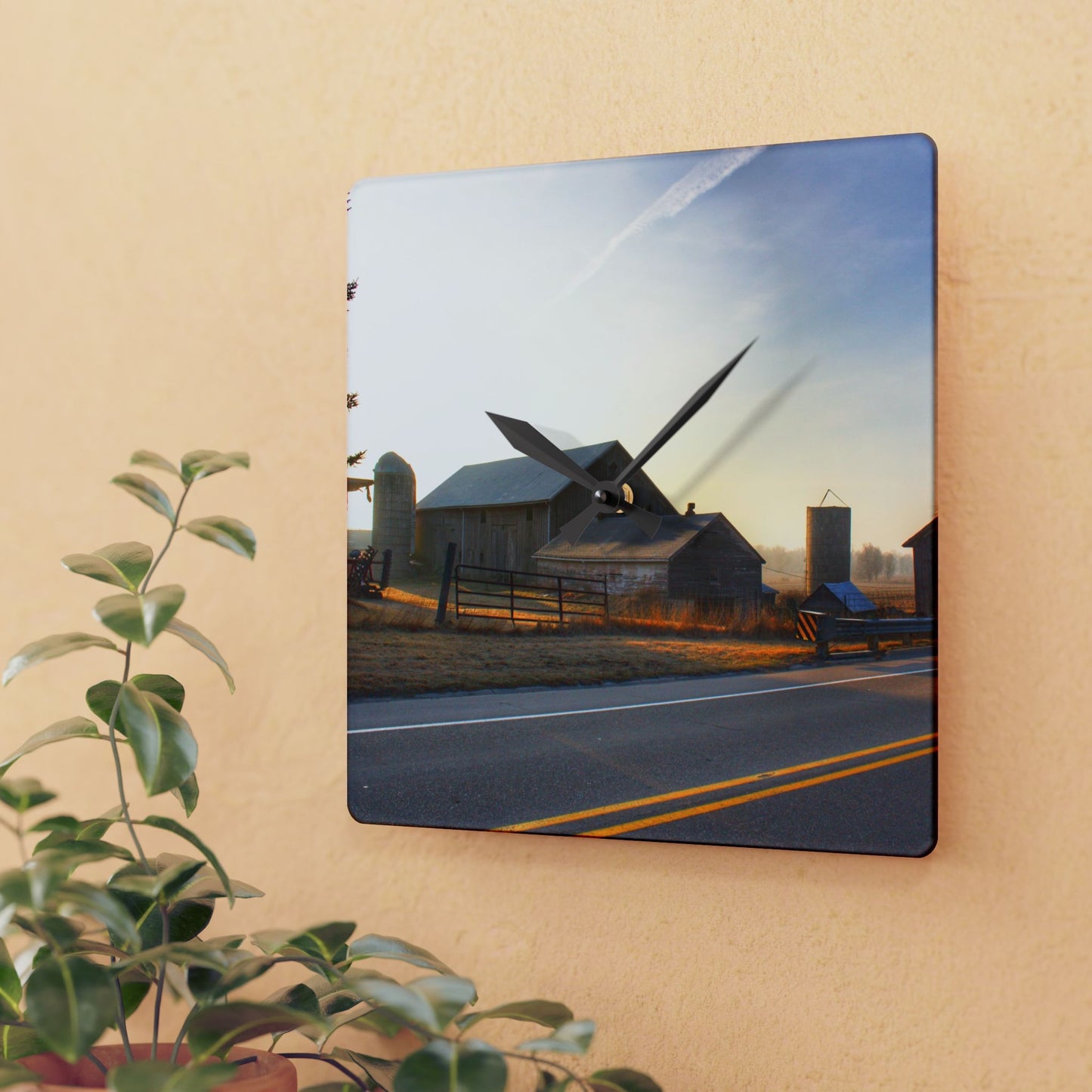 U R There Photography Wilder Road Foggy Morning Greys Rustic Farmhouse Acrylic Analog Wall Clock