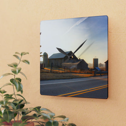 U R There Photography Wilder Road Foggy Morning Greys Rustic Farmhouse Acrylic Analog Wall Clock