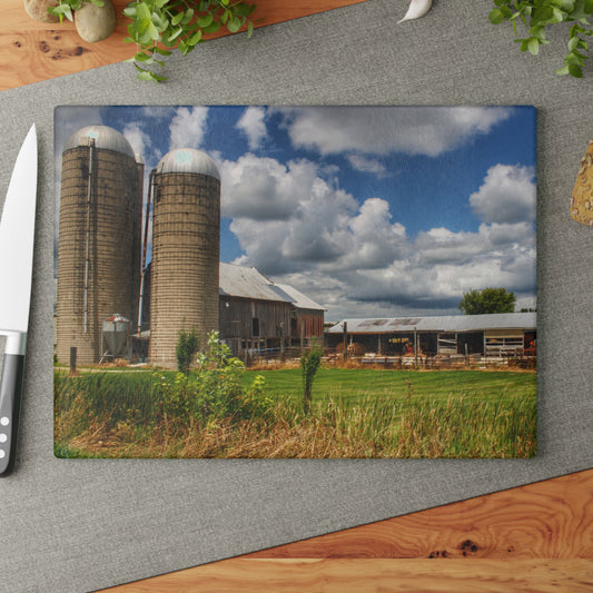 U R There Photography Millington Grey and Silos Rustic Farmhouse Tempered-Glass Cutting Board