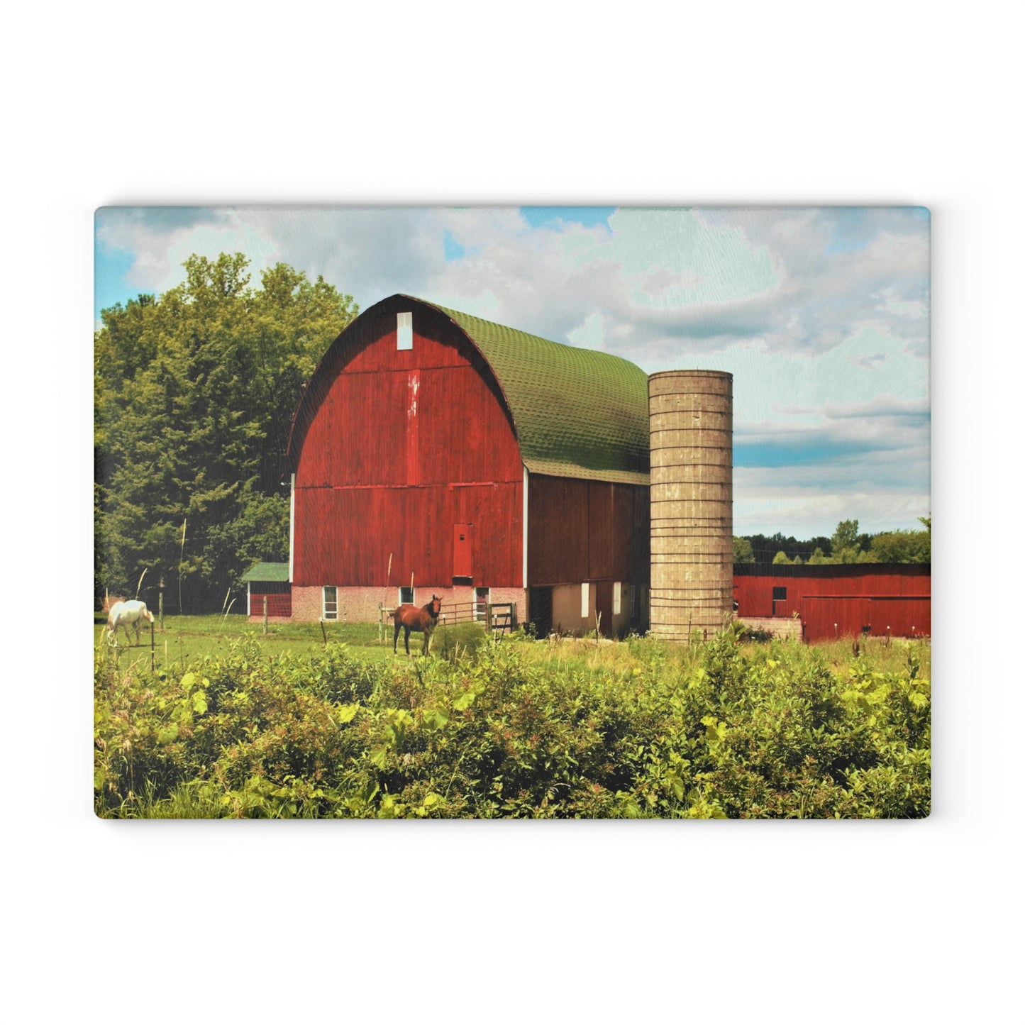 Barn Boutique Rustic Tempered-Glass Cutting Board| Elmwood Road Red Barn and Horses