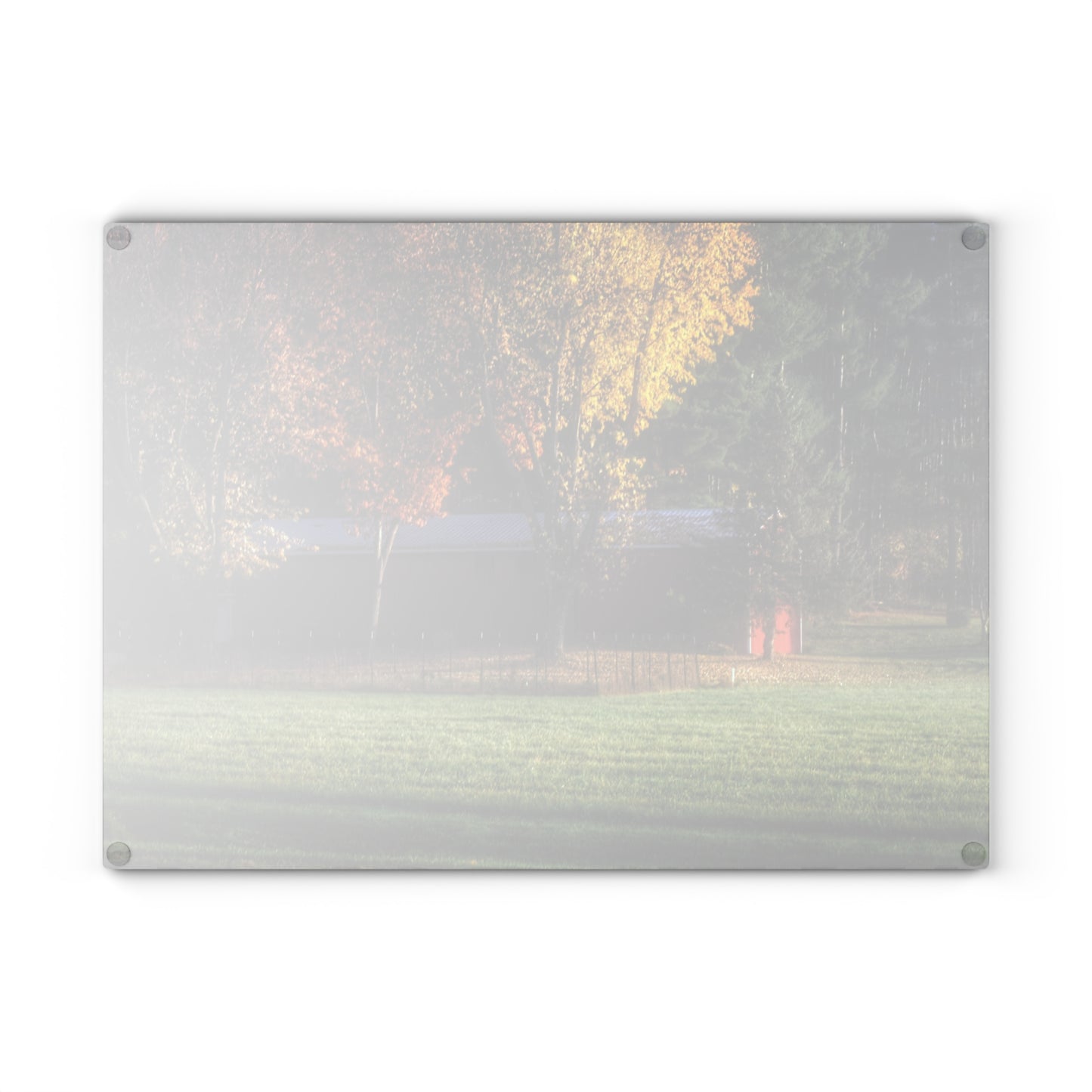 Barn Boutique Rustic Tempered-Glass Cutting Board| Red Barn on Foggy Fall Morning