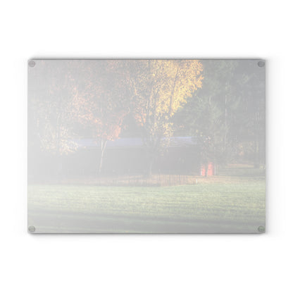 Barn Boutique Rustic Tempered-Glass Cutting Board| Red Barn on Foggy Fall Morning