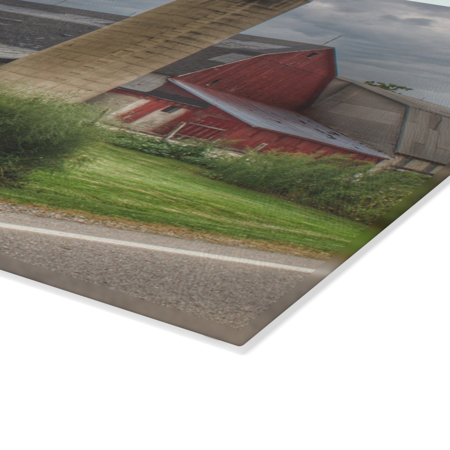 U R There Photography Lake Pleasant Road Red and Silo II Rustic Farmhouse Tempered-Glass Cutting Board