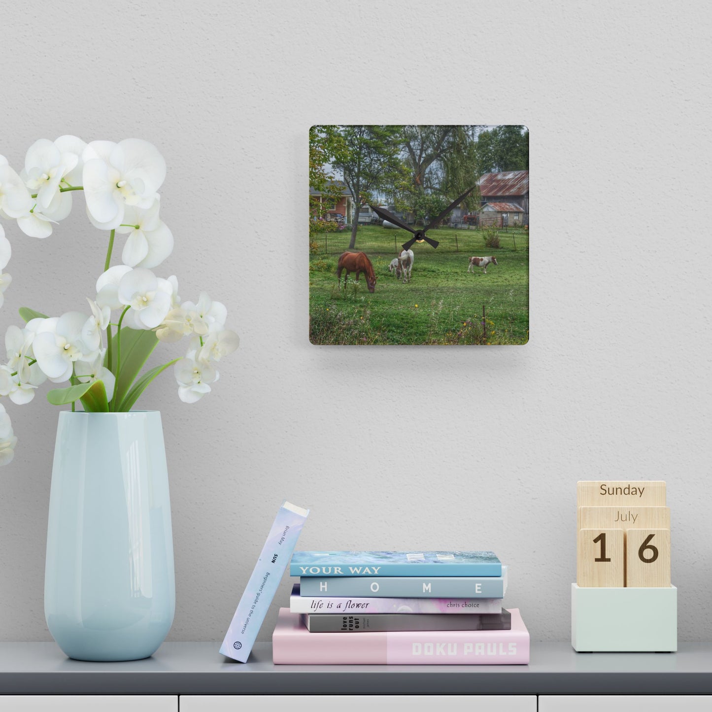 U R There Photography Front Yard Ponies Rustic Farmhouse Acrylic Analog Wall Clock