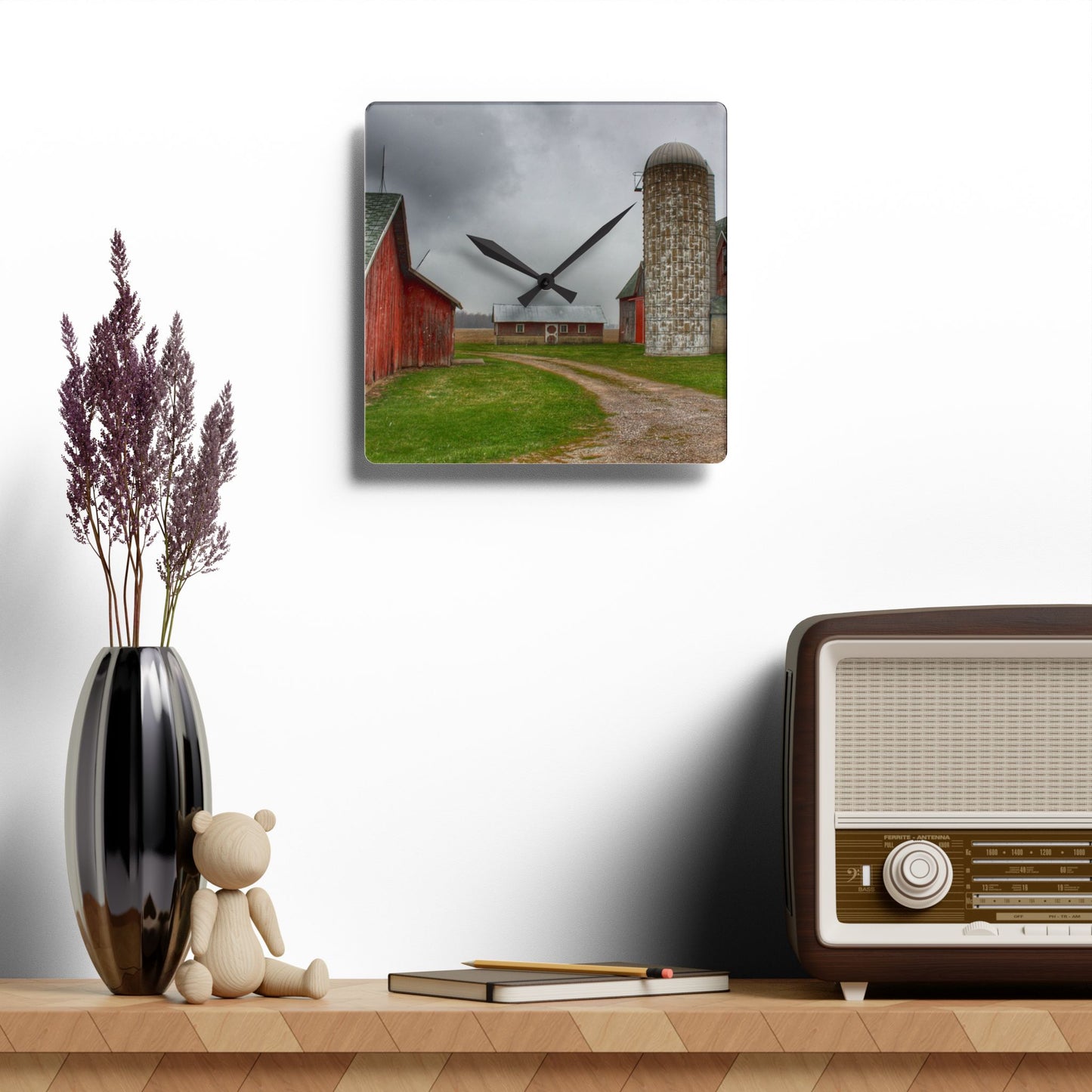 U R There Photography Roedel Roadside Reds II Rustic Farmhouse Acrylic Analog Wall Clock