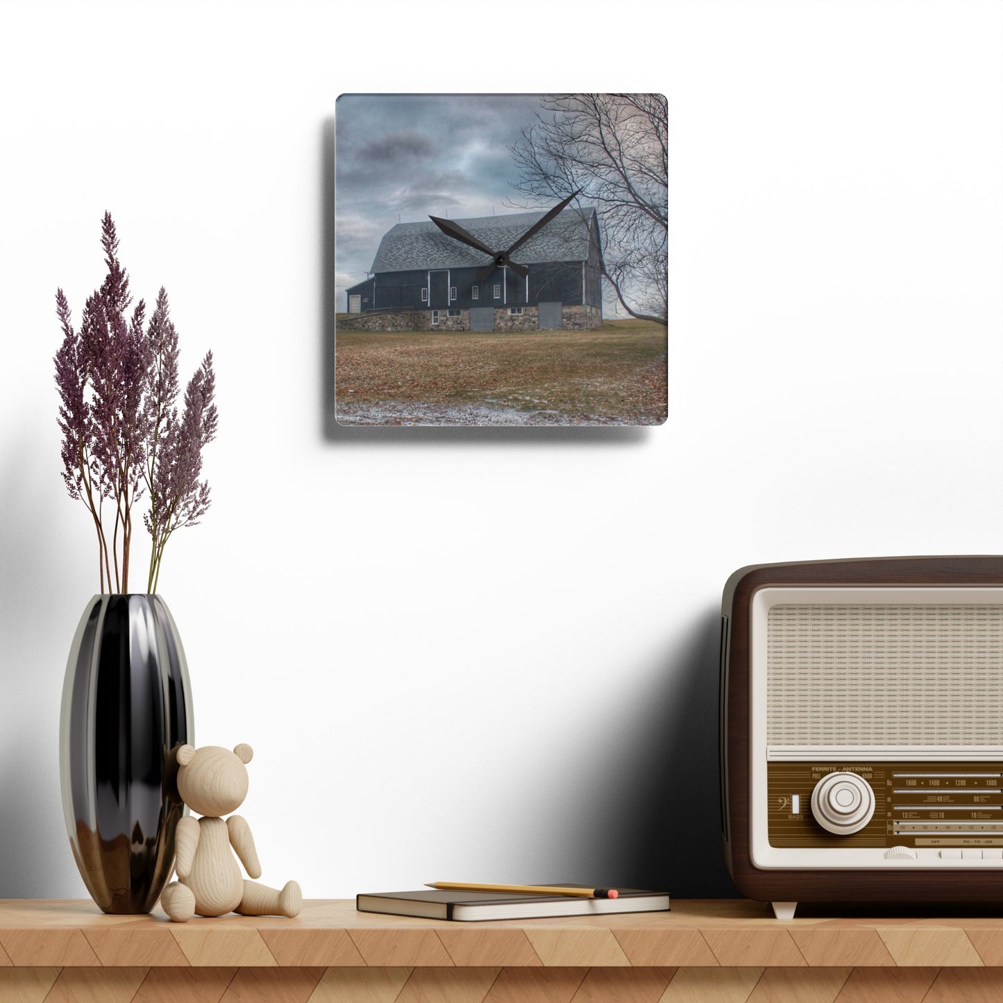 U R There Photography Attica Road Black Rustic Farmhouse Acrylic Analog Wall Clock