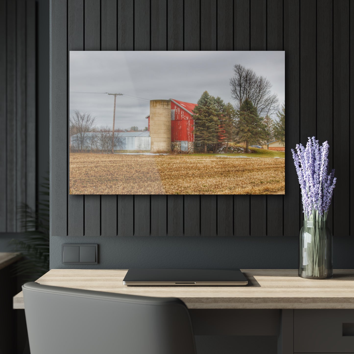 U R There Photography Laur Road Red Among the Pines I Rustic Farmhouse Acrylic Wall Print