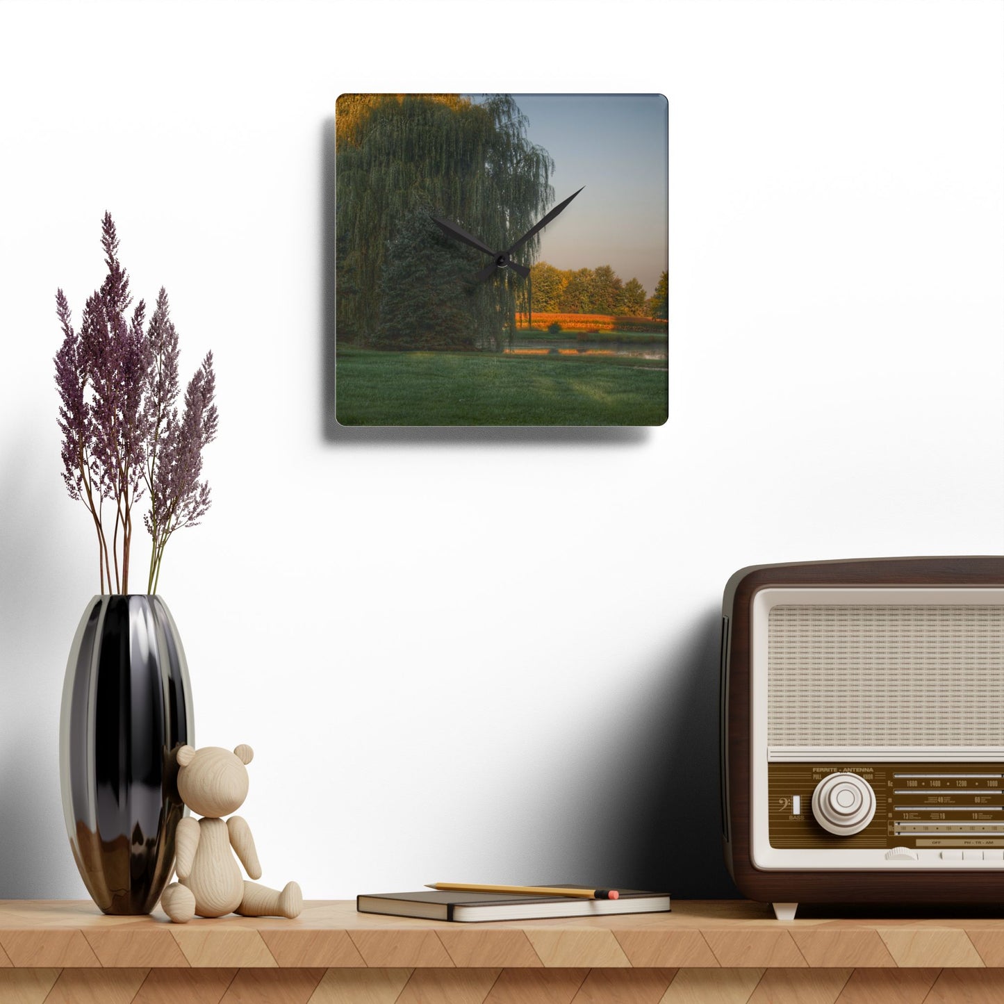 U R There Photography Sunrise on Willow Pond I Rustic Farmhouse Acrylic Analog Wall Clock