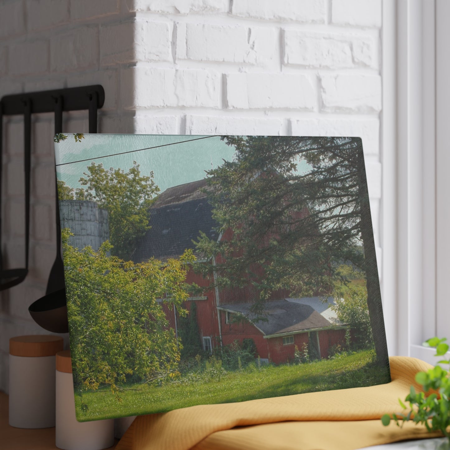 U R There Photography Grey Road Red Rustic Farmhouse Tempered-Glass Cutting Board