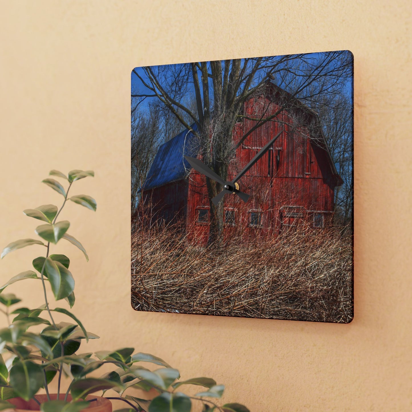 U R There Photography East Dodge Road Red Rustic Farmhouse Acrylic Analog Wall Clock