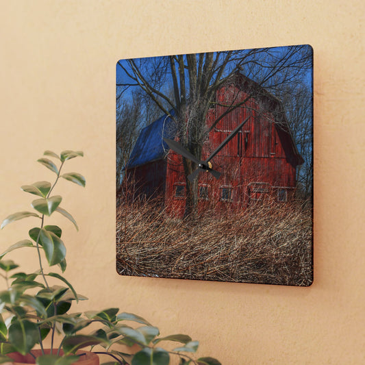 U R There Photography East Dodge Road Red Rustic Farmhouse Acrylic Analog Wall Clock