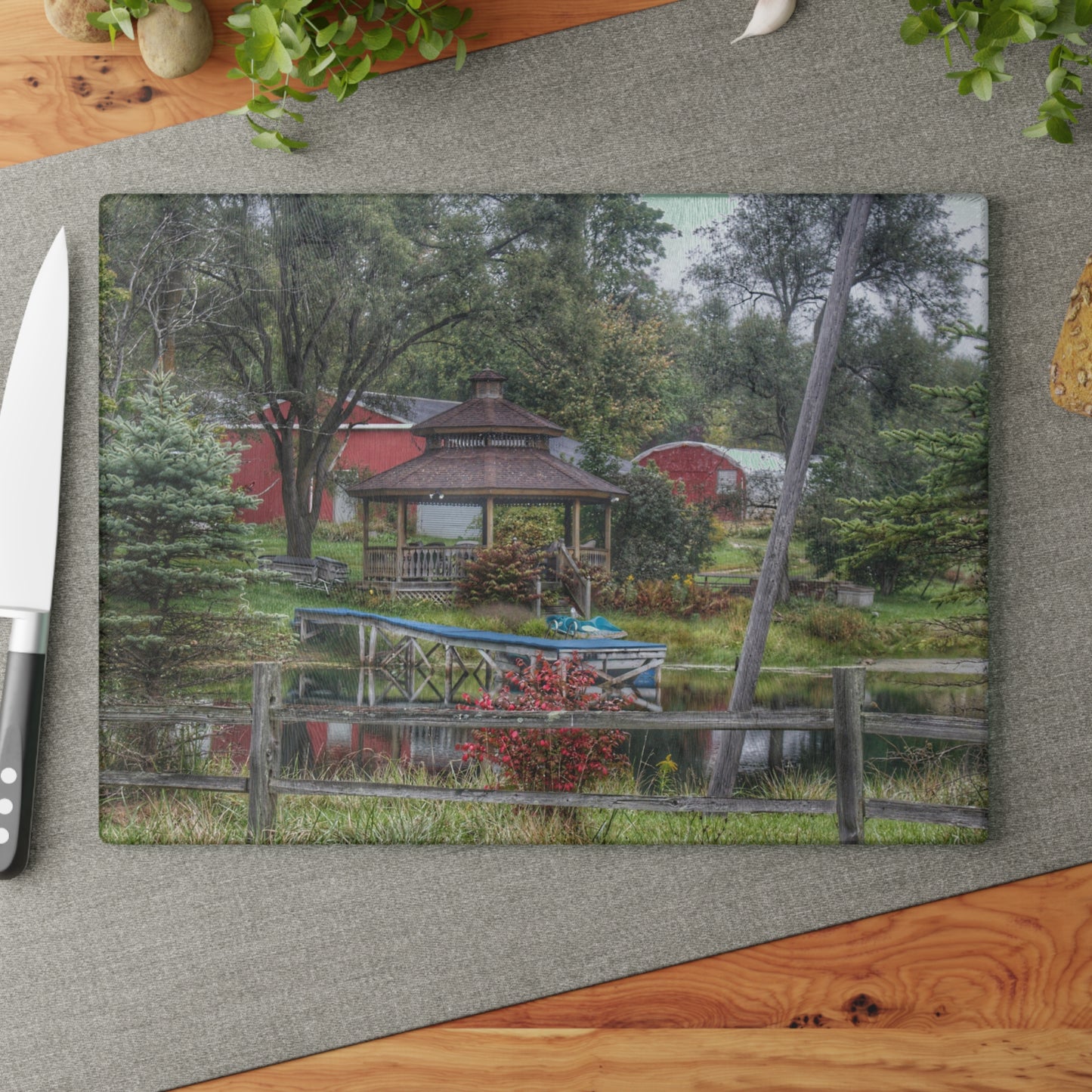 U R There Photography Columbiaville Gazebo Rustic Farmhouse Tempered-Glass Cutting Board