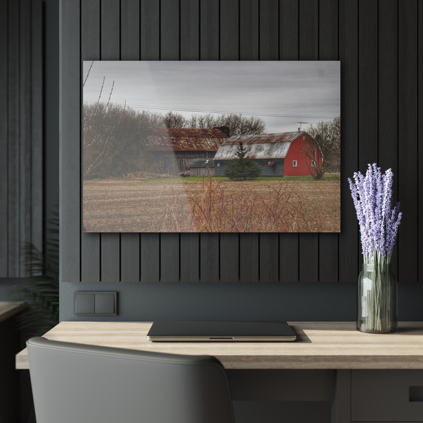 U R There Photography South Summers Road Rusted Grey and Little Red Rustic Farmhouse Acrylic Wall Print