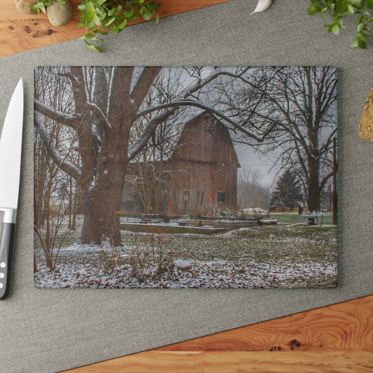 U R There Photography Bishop Road Winter Red Rustic Farmhouse Tempered-Glass Cutting Board