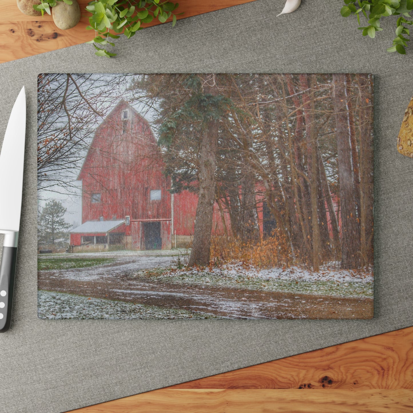U R There Photography Tubspring Road Hidden Winter Red Rustic Farmhouse Tempered-Glass Cutting Board