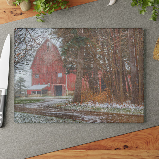 U R There Photography Tubspring Road Hidden Winter Red Rustic Farmhouse Tempered-Glass Cutting Board
