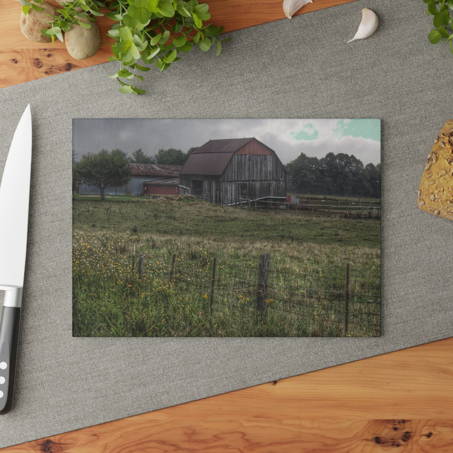 U R There Photography Newark Road Tilted Grey I Rustic Farmhouse Tempered-Glass Cutting Board