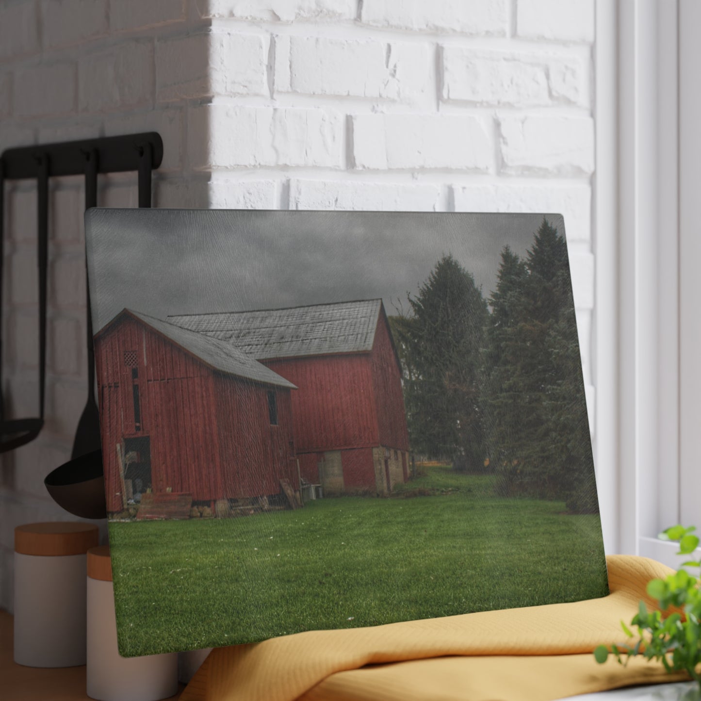 U R There Photography Bowers Road Red II Rustic Farmhouse Tempered-Glass Cutting Board